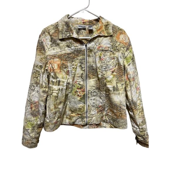 Chico's Size 1 Printed postmark stamps Travel Jacket 2/ matching tank - Picture 1 of 7